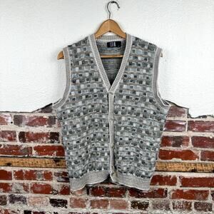 Vintage TSR Sweater Sz Medium Multicolor Patterned Cotton Button Up Vest USA 90s